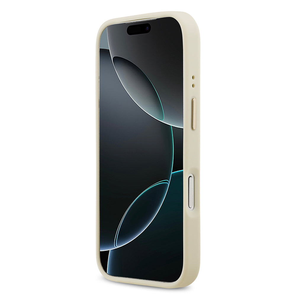 Apple iPhone 17 Pro Kılıf Guess Orjinal Lisanslı M-safe Şarj Özellikli Grained Yazı ve Taşlı 4G Logolu Kapak Bej