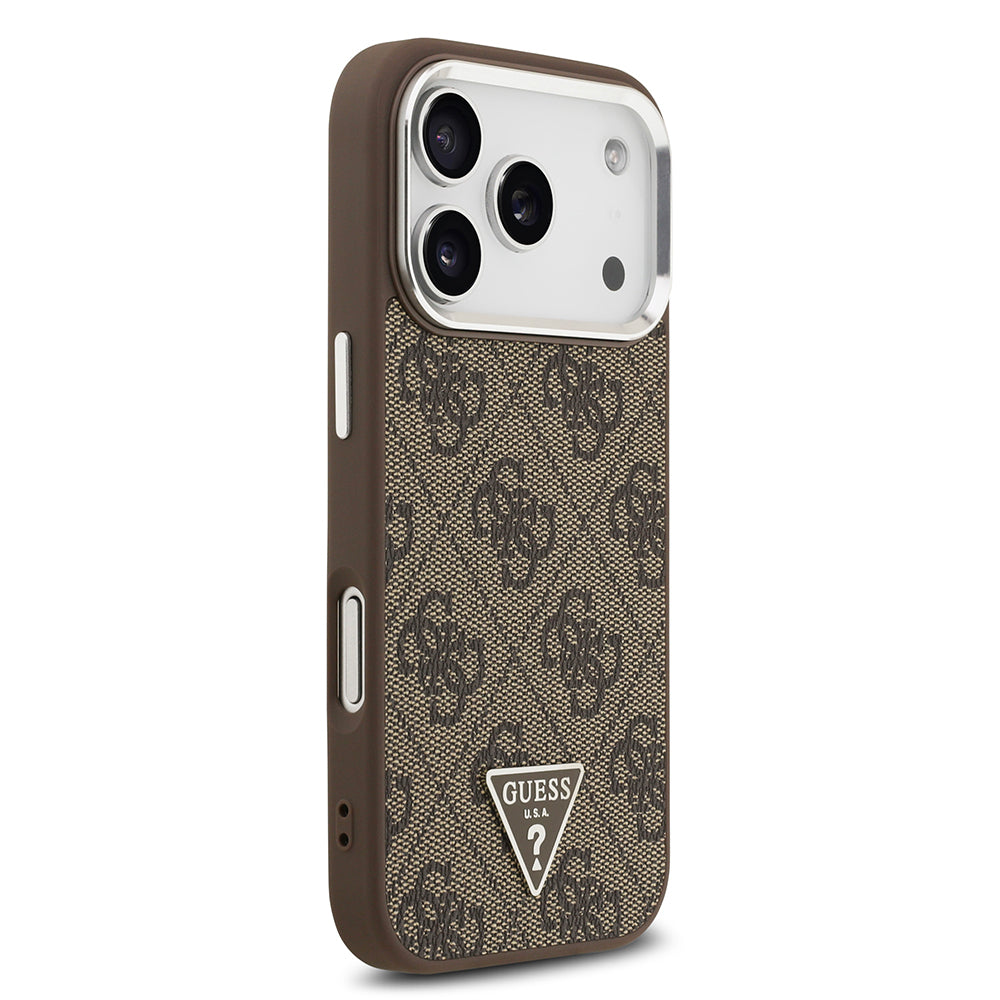 Apple iPhone 17 Pro Kılıf Guess Orjinal Lisanslı M-safe Şarj Özellikli Gümüş Metal Kamera Çerçeveli Üçgen Logo 4G Desenli Kapak Kahverengi