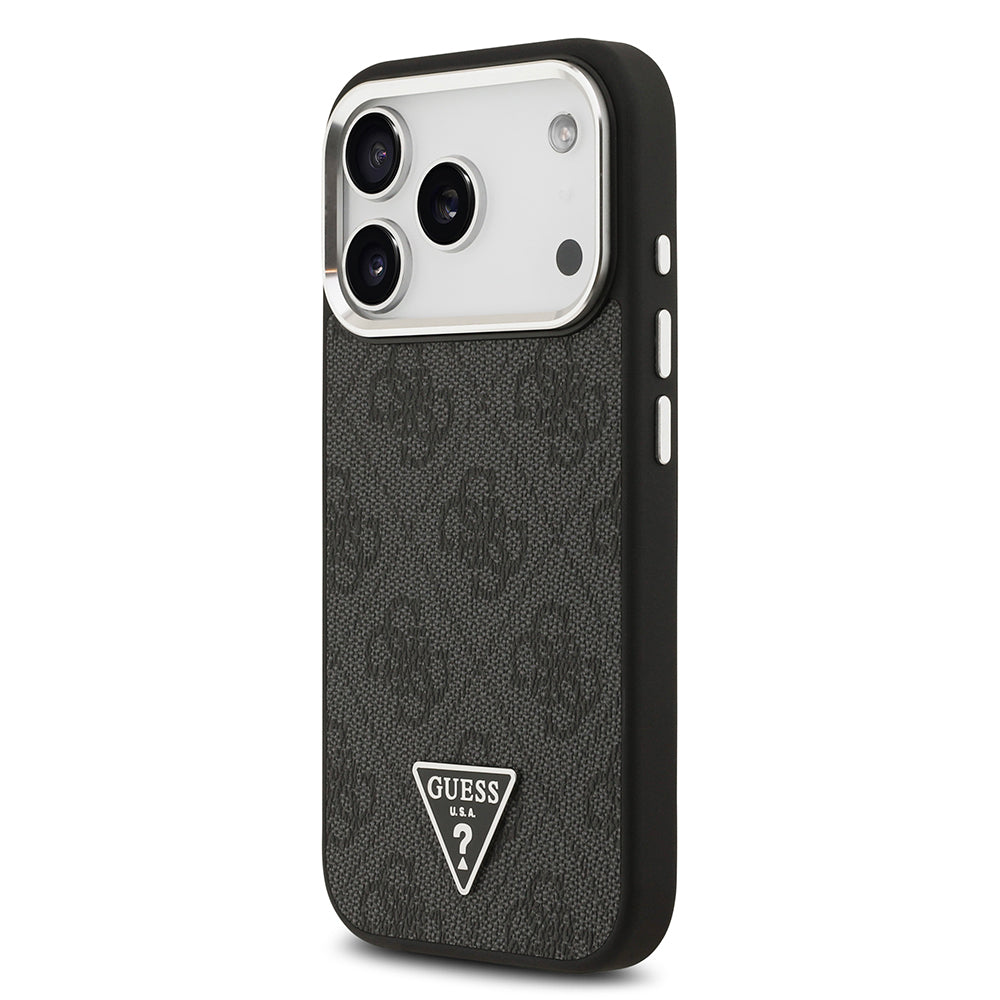 Apple iPhone 17 Pro Kılıf Guess Orjinal Lisanslı M-safe Şarj Özellikli Gümüş Metal Kamera Çerçeveli Üçgen Logo 4G Desenli Kapak Siyah
