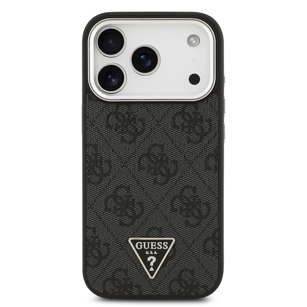 Apple iPhone 17 Pro Kılıf Guess Orjinal Lisanslı M-safe Şarj Özellikli Gümüş Metal Kamera Çerçeveli Üçgen Logo 4G Desenli Kapak Siyah