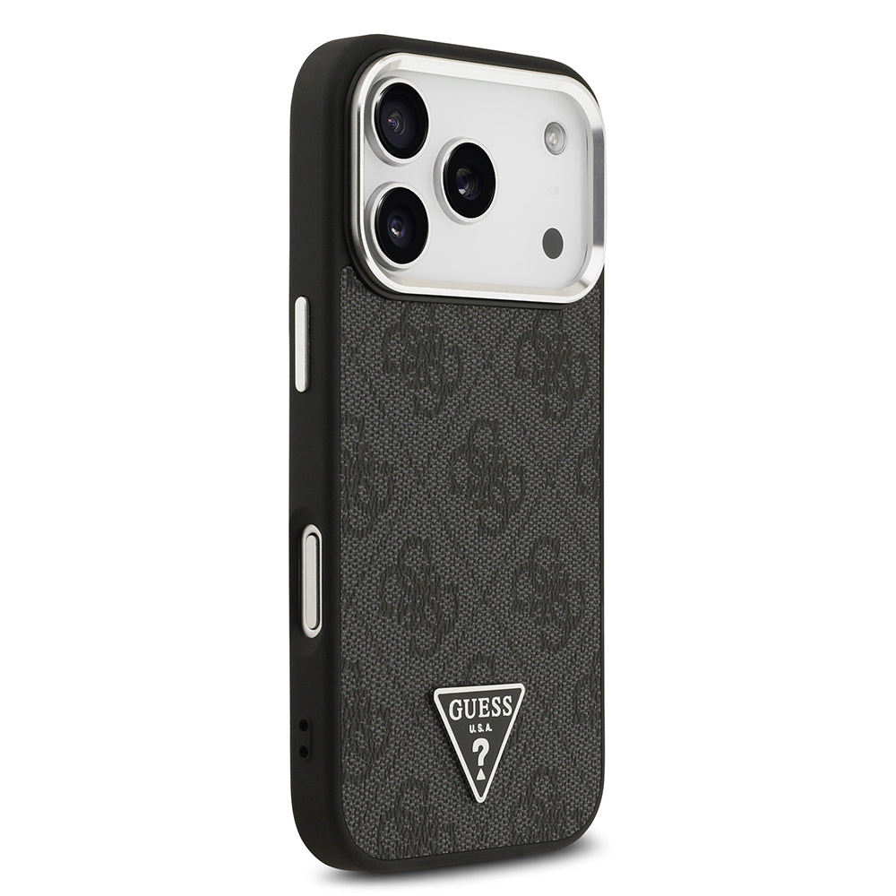 Apple iPhone 17 Pro Kılıf Guess Orjinal Lisanslı M-safe Şarj Özellikli Gümüş Metal Kamera Çerçeveli Üçgen Logo 4G Desenli Kapak Siyah