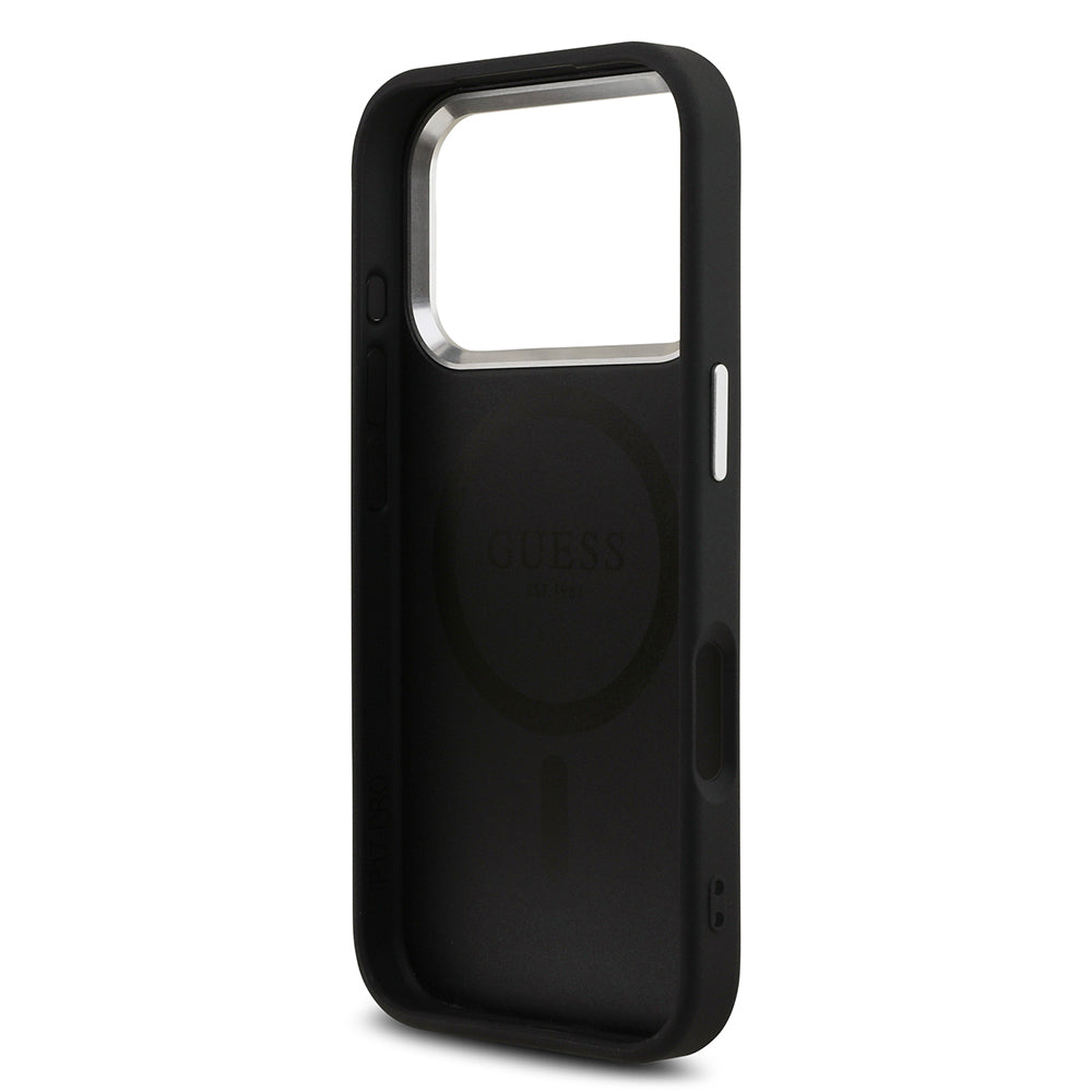 Apple iPhone 17 Pro Kılıf Guess Orjinal Lisanslı M-safe Şarj Özellikli Gümüş Metal Kamera Çerçeveli Üçgen Logo 4G Desenli Kapak Siyah