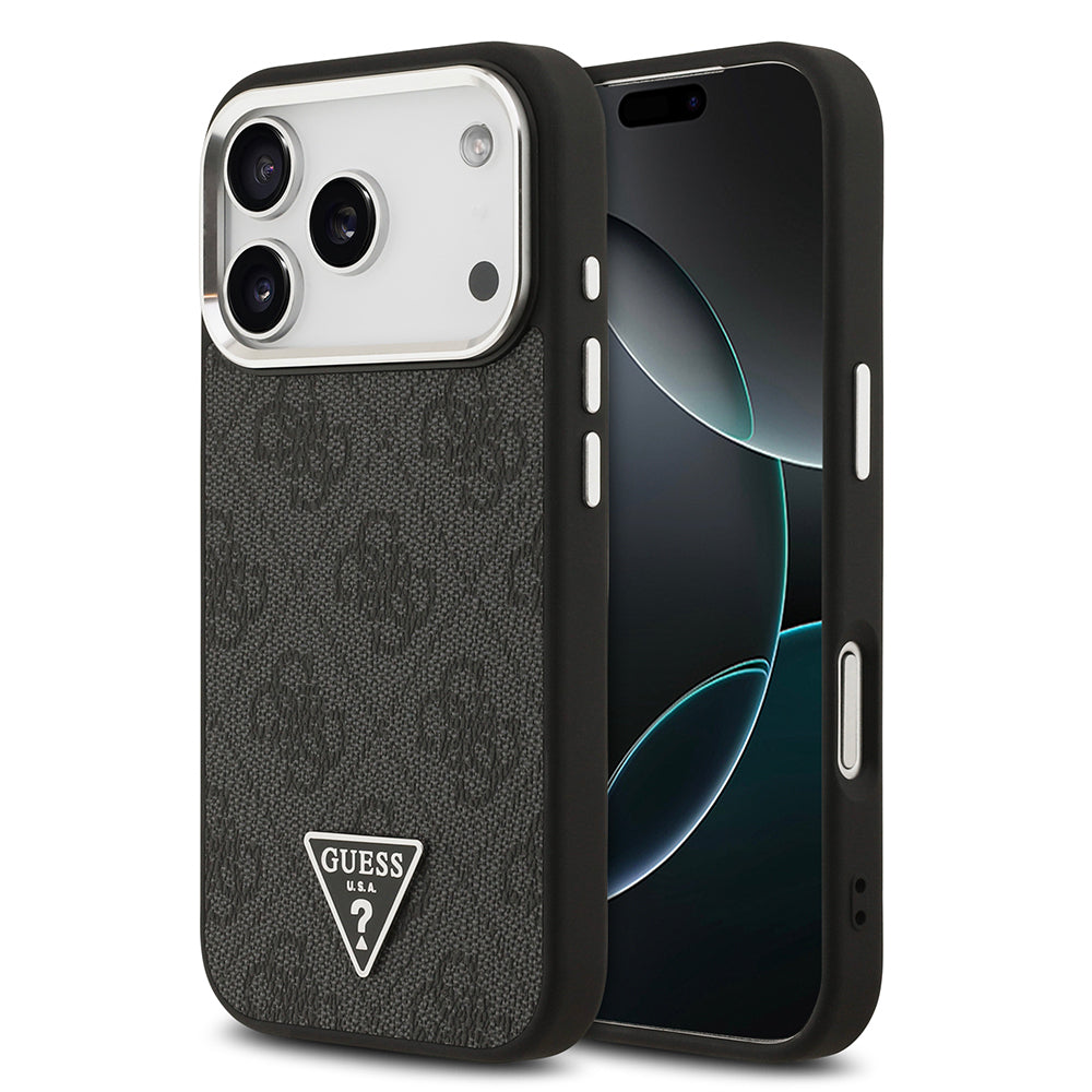 Apple iPhone 17 Pro Kılıf Guess Orjinal Lisanslı M-safe Şarj Özellikli Gümüş Metal Kamera Çerçeveli Üçgen Logo 4G Desenli Kapak Siyah