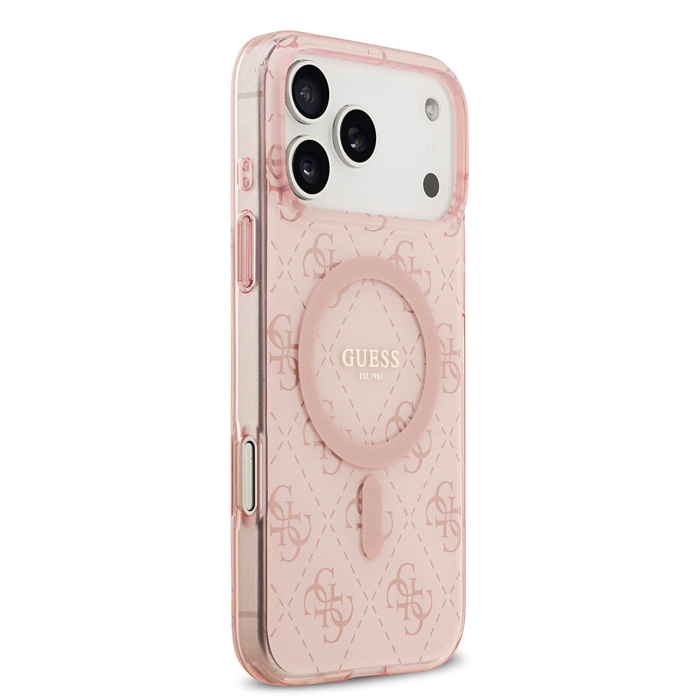 Apple iPhone 17 Pro Kılıf Guess Orjinal Lisanslı M-safe Şarj Özellikli IML Baskılı Klasik Logolu 4G Desenli Kapak Pembe