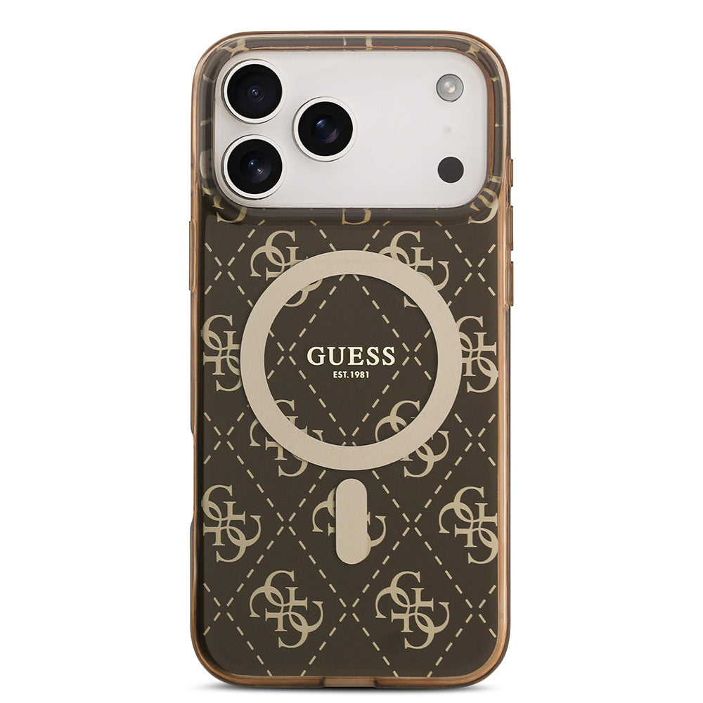 Apple iPhone 17 Pro Kılıf Guess Orjinal Lisanslı M-safe Şarj Özellikli IML Baskılı Klasik Logolu 4G Desenli Kapak Kahverengi