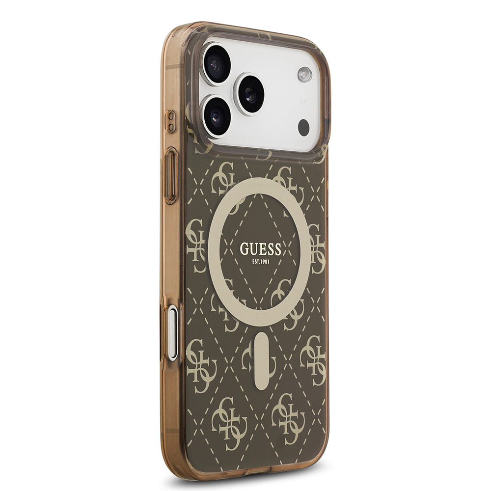 Apple iPhone 17 Pro Kılıf Guess Orjinal Lisanslı M-safe Şarj Özellikli IML Baskılı Klasik Logolu 4G Desenli Kapak Kahverengi