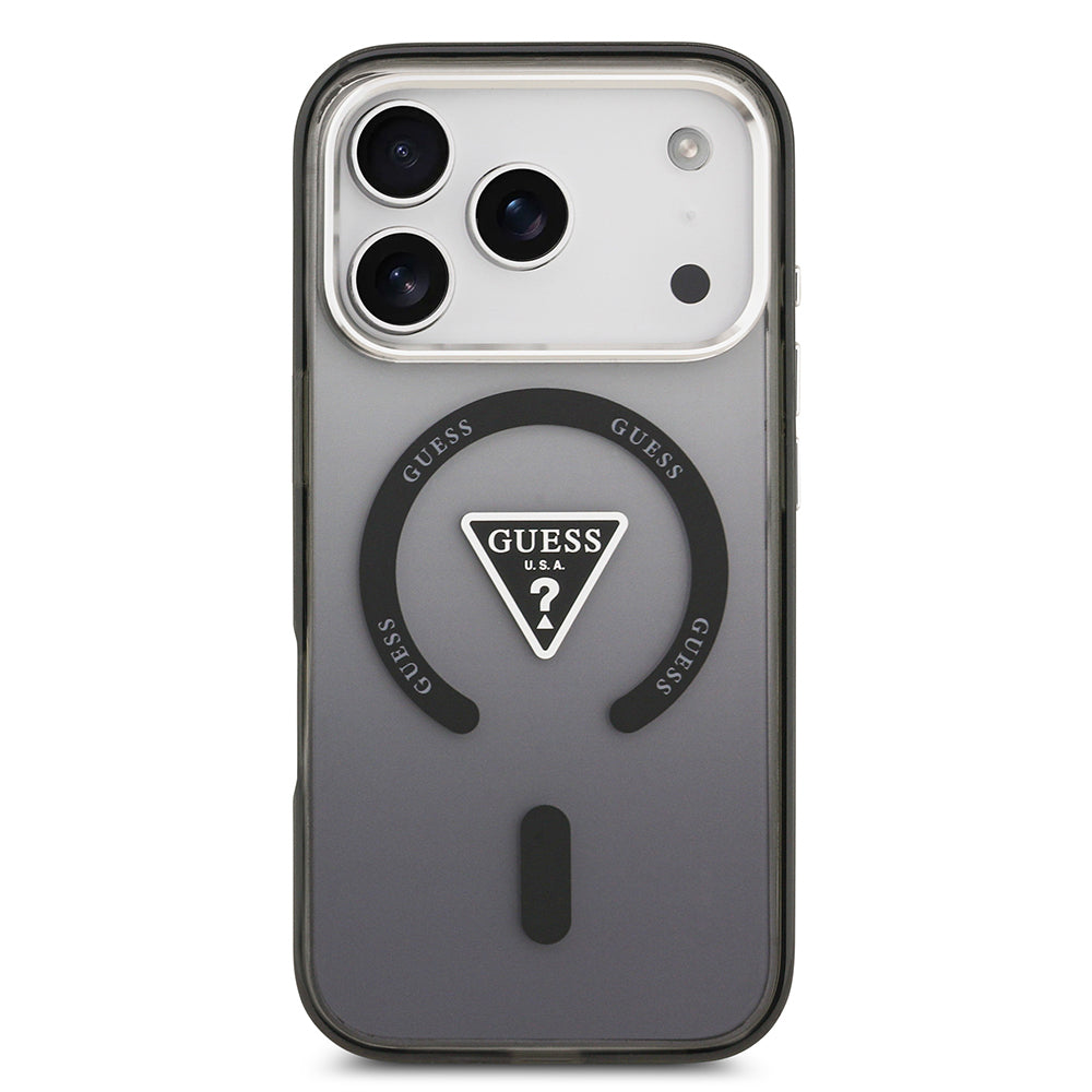 Apple iPhone 17 Pro Kılıf Guess Orjinal Lisanslı M-safe Şarj Özellikli IML Baskılı Üçgen Logolu Metal Kamera Çerçeveli Kapak Siyah