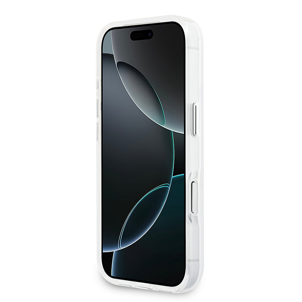 Apple iPhone 17 Pro Kılıf Guess Orjinal Lisanslı M-safe Şarj Özellikli IML Baskılı Üçgen Logolu Metal Kamera Çerçeveli Kapak Şeffaf
