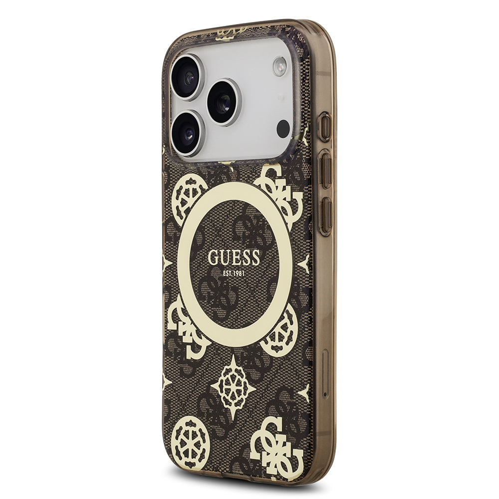 Apple iPhone 17 Pro Kılıf Guess Orjinal Lisanslı M-safe Şarj Özellikli IML Peony ve 4G Desenli Klasik Logolu Kapak Kahverengi