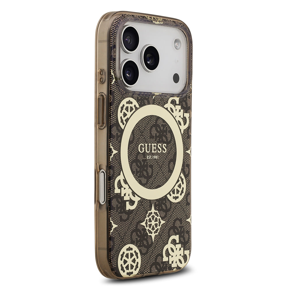Apple iPhone 17 Pro Kılıf Guess Orjinal Lisanslı M-safe Şarj Özellikli IML Peony ve 4G Desenli Klasik Logolu Kapak Kahverengi