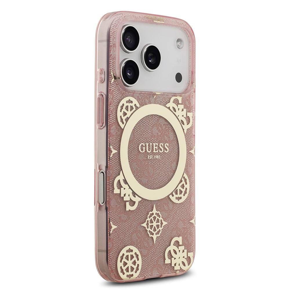 Apple iPhone 17 Pro Kılıf Guess Orjinal Lisanslı M-safe Şarj Özellikli IML Peony ve 4G Desenli Klasik Logolu Kapak Pembe