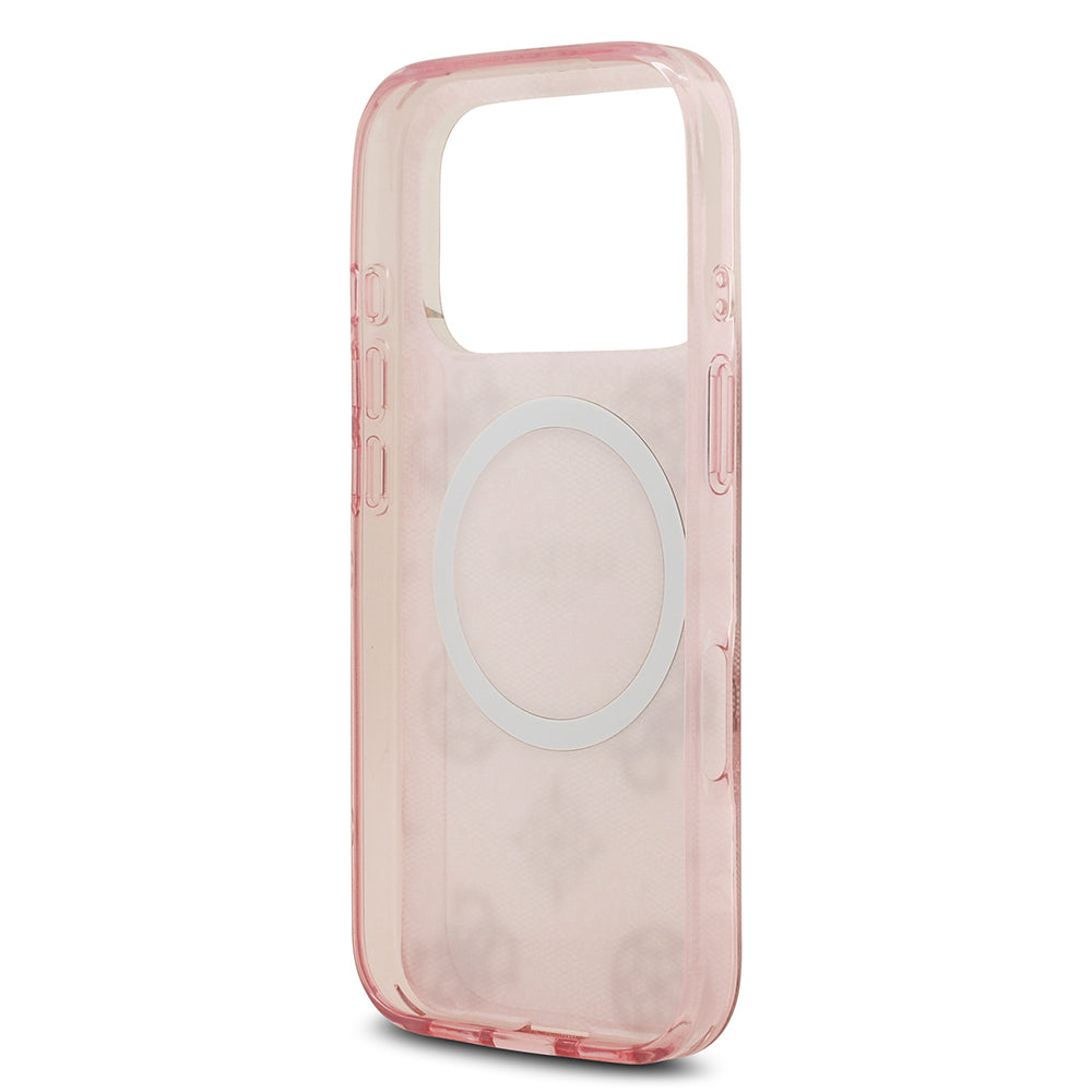 Apple iPhone 17 Pro Kılıf Guess Orjinal Lisanslı M-safe Şarj Özellikli IML Peony ve 4G Desenli Klasik Logolu Kapak Pembe