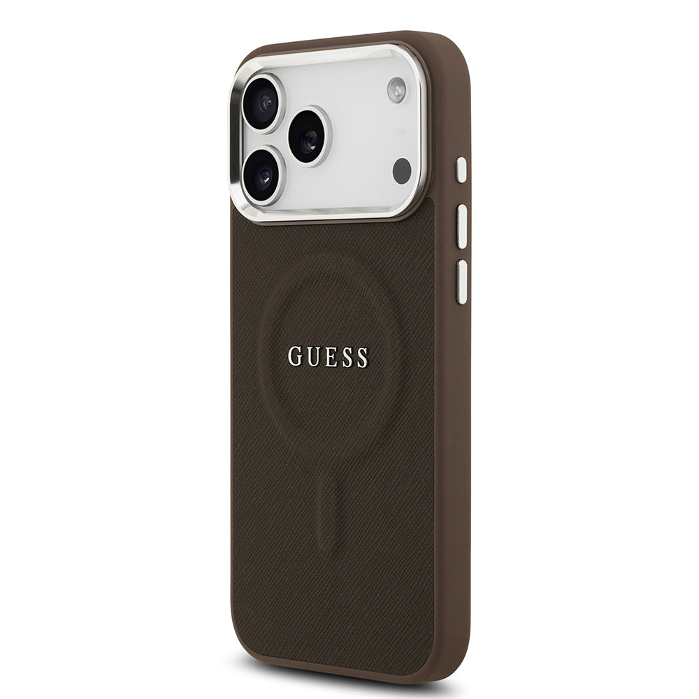 Apple iPhone 17 Pro Kılıf Guess Orjinal Lisanslı M-safe Şarj Özellikli Klasik Yazı Logolu PU Deri Kapak Kahverengi