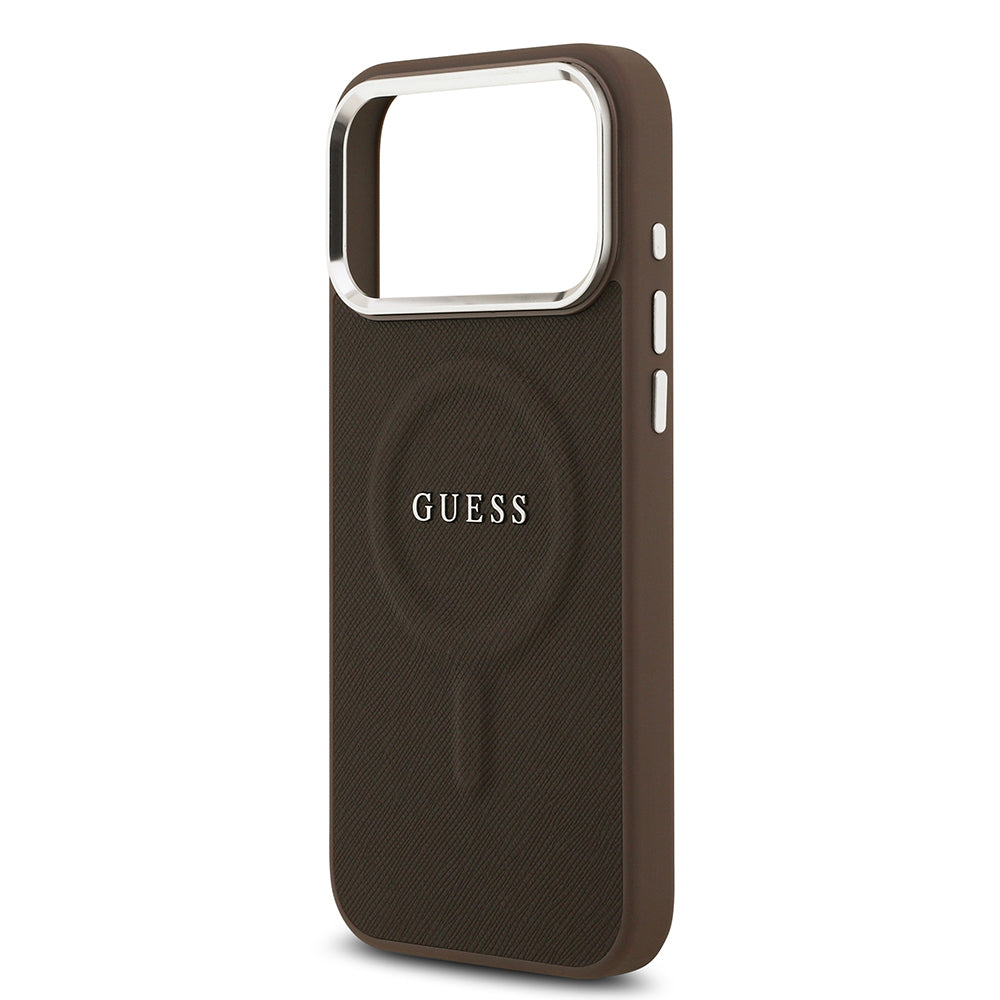 Apple iPhone 17 Pro Kılıf Guess Orjinal Lisanslı M-safe Şarj Özellikli Klasik Yazı Logolu PU Deri Kapak Kahverengi