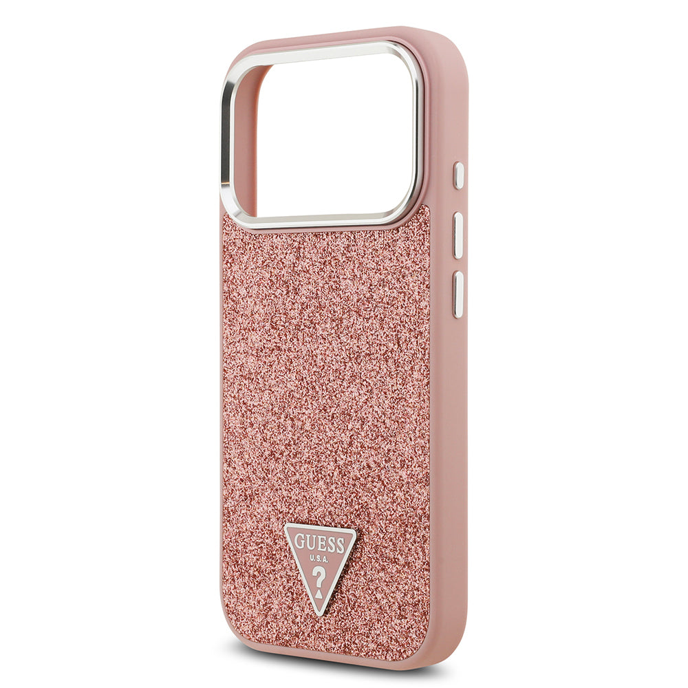 Apple iPhone 17 Pro Kılıf Guess Orjinal Lisanslı M-safe Şarj Özellikli Metal Kamera Çerçeveli Üçgen Logolu Glitter Kapak Pembe