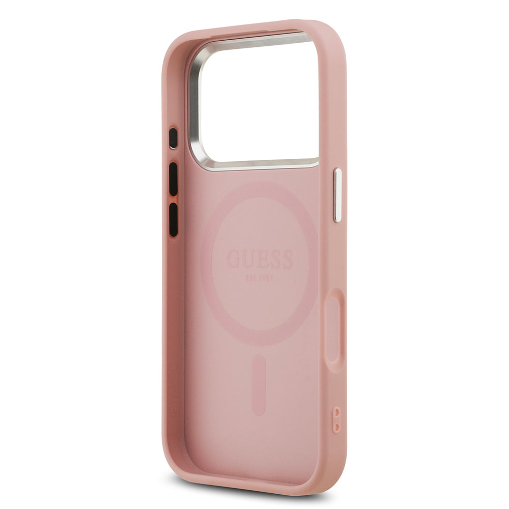 Apple iPhone 17 Pro Kılıf Guess Orjinal Lisanslı M-safe Şarj Özellikli Metal Kamera Çerçeveli Üçgen Logolu Glitter Kapak Pembe