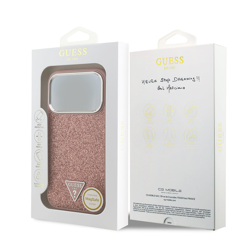 Apple iPhone 17 Pro Kılıf Guess Orjinal Lisanslı M-safe Şarj Özellikli Metal Kamera Çerçeveli Üçgen Logolu Glitter Kapak Pembe