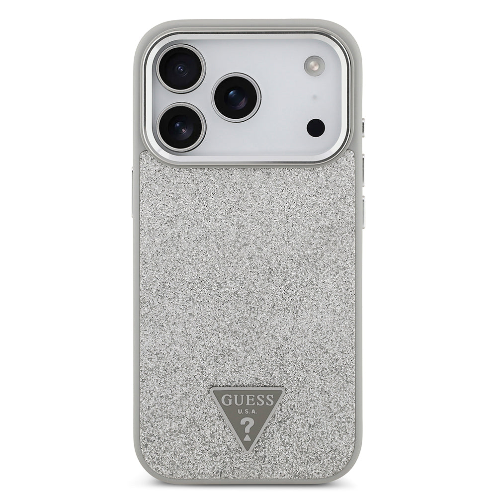 Apple iPhone 17 Pro Kılıf Guess Orjinal Lisanslı M-safe Şarj Özellikli Metal Kamera Çerçeveli Üçgen Logolu Glitter Kapak Gri