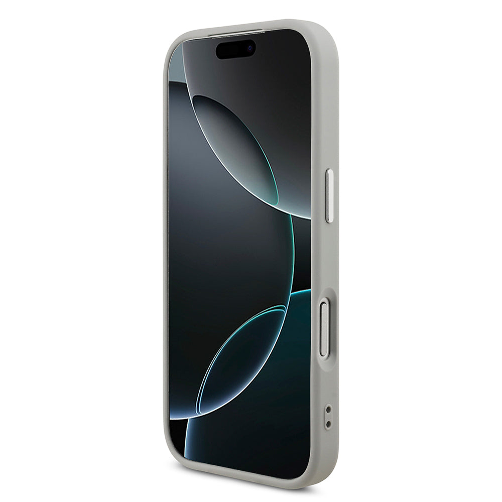 Apple iPhone 17 Pro Kılıf Guess Orjinal Lisanslı M-safe Şarj Özellikli Metal Kamera Çerçeveli Üçgen Logolu Glitter Kapak Gri