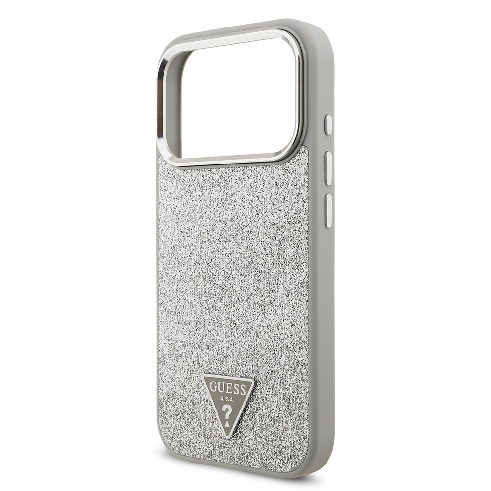 Apple iPhone 17 Pro Kılıf Guess Orjinal Lisanslı M-safe Şarj Özellikli Metal Kamera Çerçeveli Üçgen Logolu Glitter Kapak Gri