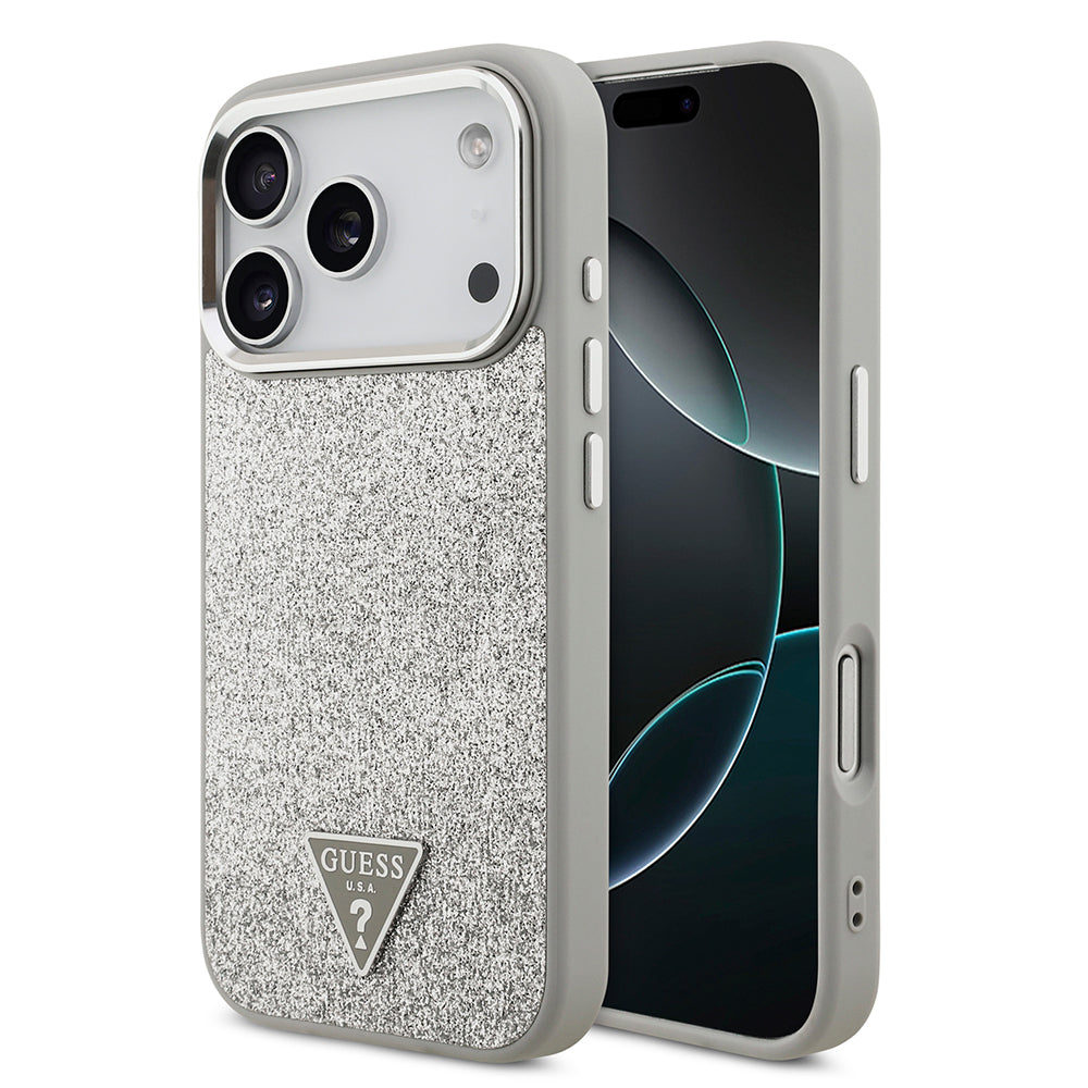 Apple iPhone 17 Pro Kılıf Guess Orjinal Lisanslı M-safe Şarj Özellikli Metal Kamera Çerçeveli Üçgen Logolu Glitter Kapak Gri