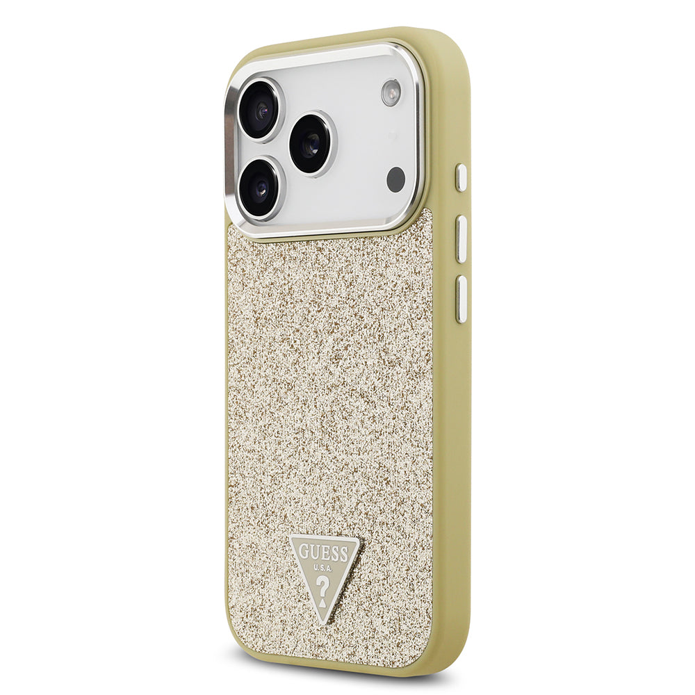 Apple iPhone 17 Pro Kılıf Guess Orjinal Lisanslı M-safe Şarj Özellikli Metal Kamera Çerçeveli Üçgen Logolu Glitter Kapak Gold