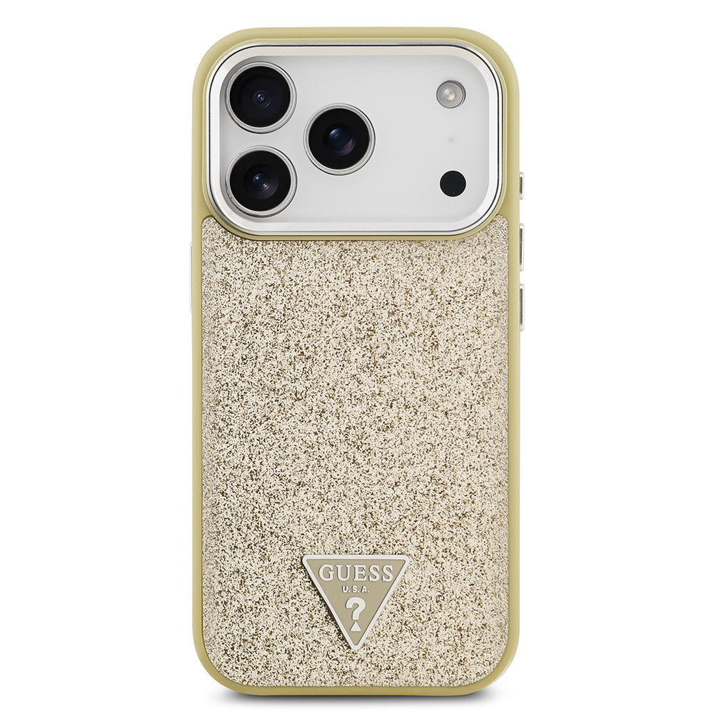 Apple iPhone 17 Pro Kılıf Guess Orjinal Lisanslı M-safe Şarj Özellikli Metal Kamera Çerçeveli Üçgen Logolu Glitter Kapak Gold