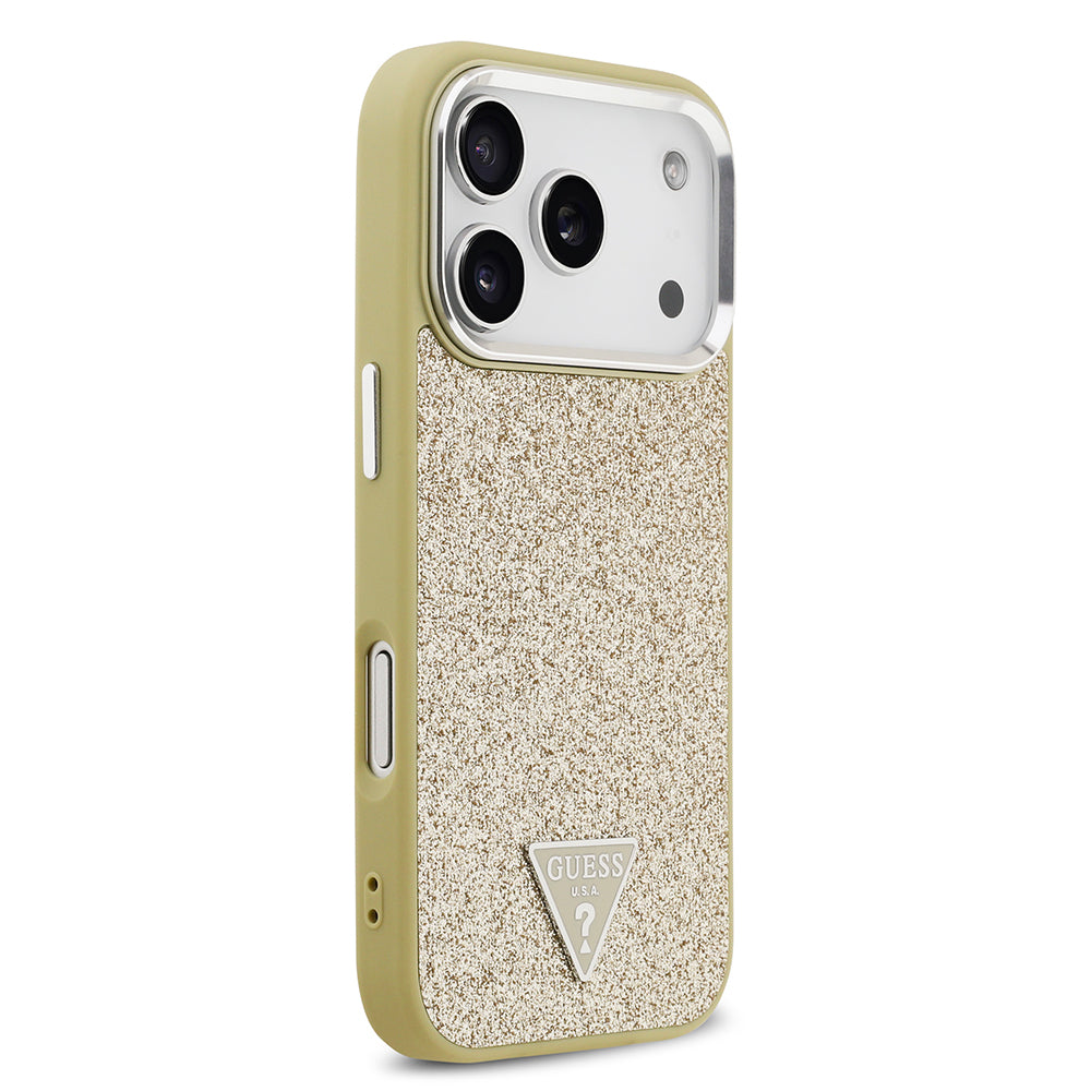 Apple iPhone 17 Pro Kılıf Guess Orjinal Lisanslı M-safe Şarj Özellikli Metal Kamera Çerçeveli Üçgen Logolu Glitter Kapak Gold
