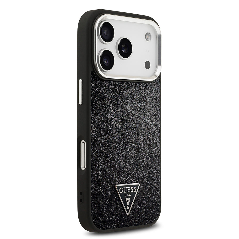 Apple iPhone 17 Pro Kılıf Guess Orjinal Lisanslı M-safe Şarj Özellikli Metal Kamera Çerçeveli Üçgen Logolu Glitter Kapak Siyah