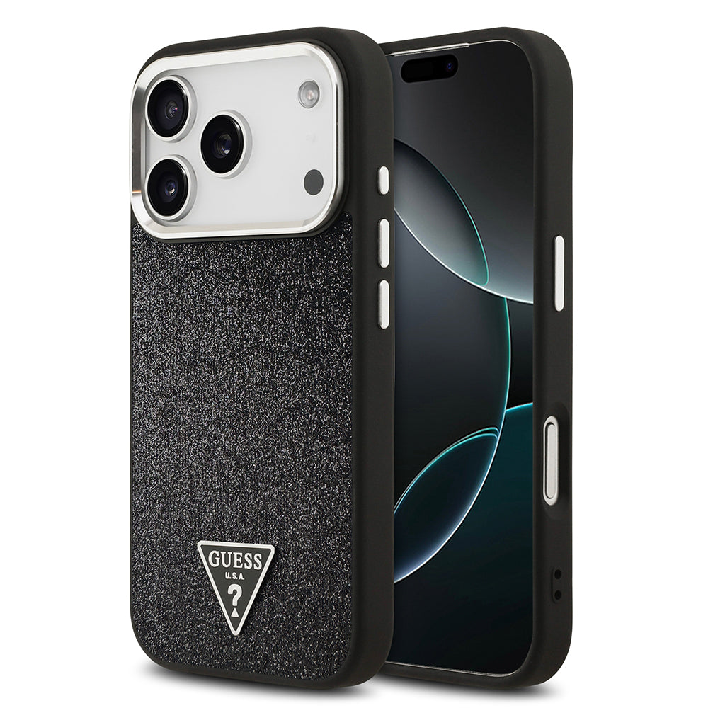 Apple iPhone 17 Pro Kılıf Guess Orjinal Lisanslı M-safe Şarj Özellikli Metal Kamera Çerçeveli Üçgen Logolu Glitter Kapak Siyah