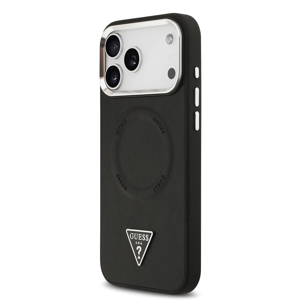 Apple iPhone 17 Pro Kılıf Guess Orjinal Lisanslı M-safe Şarj Özellikli PU Deri Metal Kamera Çerçeveli Üçgen Logolu Kapak Siyah