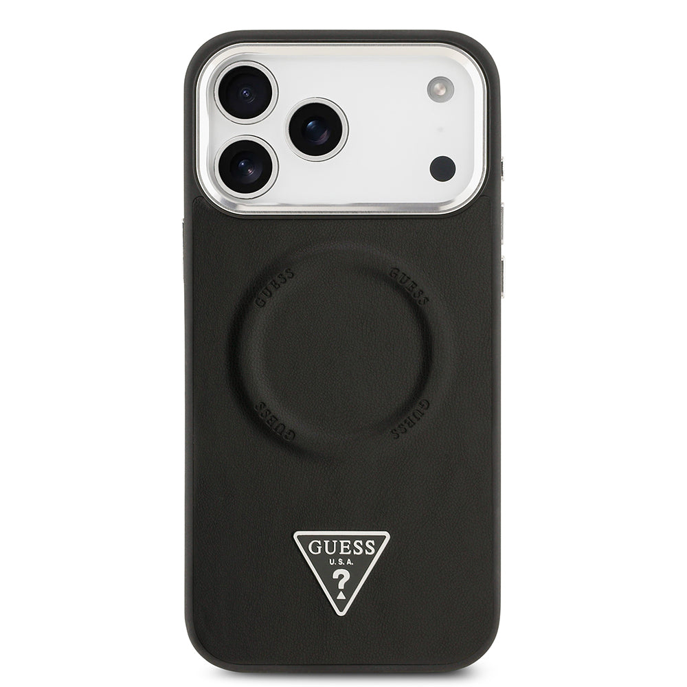 Apple iPhone 17 Pro Kılıf Guess Orjinal Lisanslı M-safe Şarj Özellikli PU Deri Metal Kamera Çerçeveli Üçgen Logolu Kapak Siyah