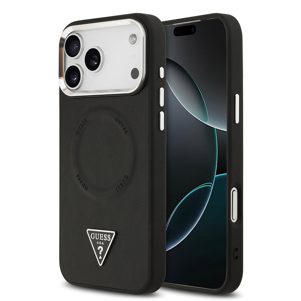 Apple iPhone 17 Pro Kılıf Guess Orjinal Lisanslı M-safe Şarj Özellikli PU Deri Metal Kamera Çerçeveli Üçgen Logolu Kapak Siyah