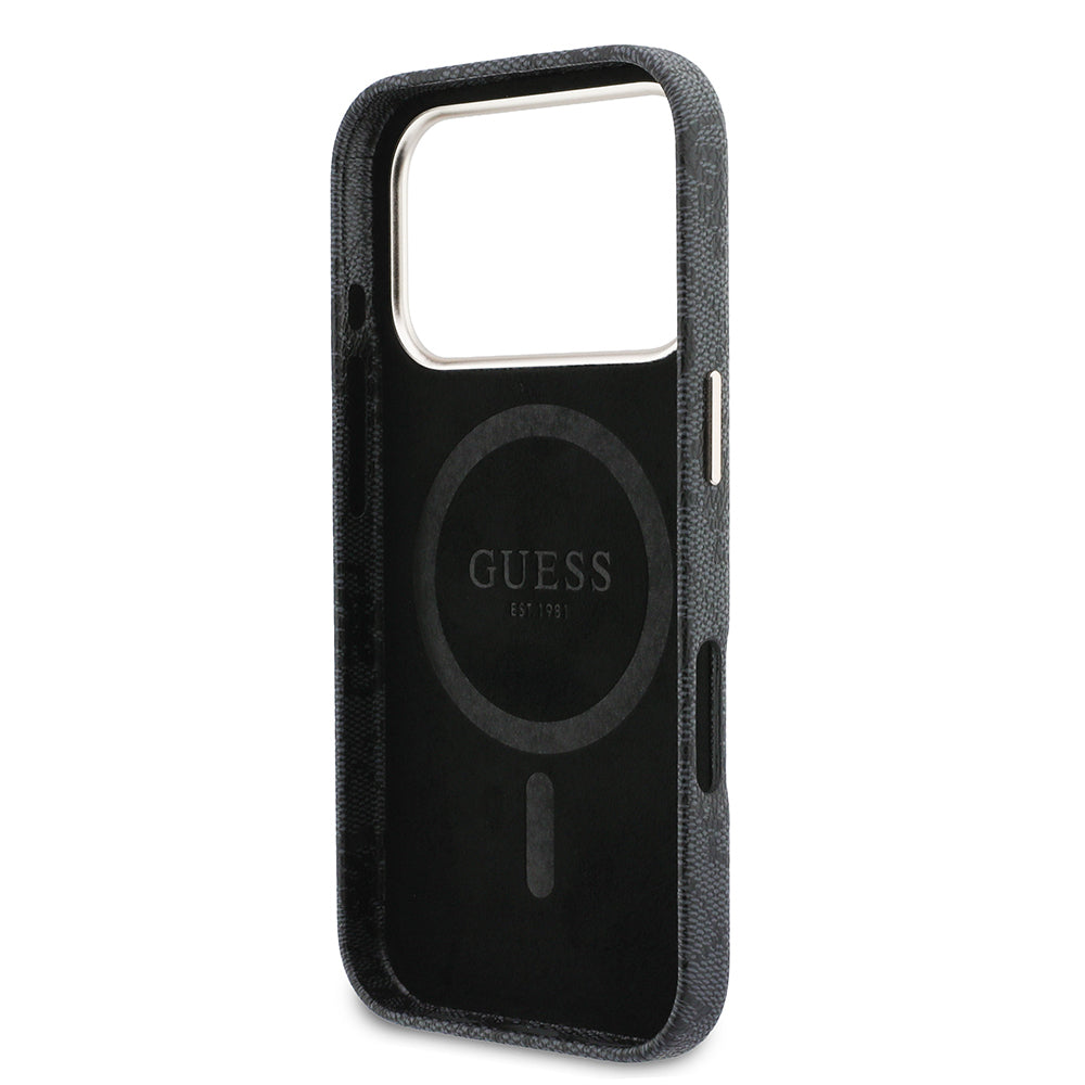 Apple iPhone 17 Pro Kılıf Guess Orjinal Lisanslı M-safe Şarj Özellikli Script Yazı Logolu 4G Desenli Kapak Siyah