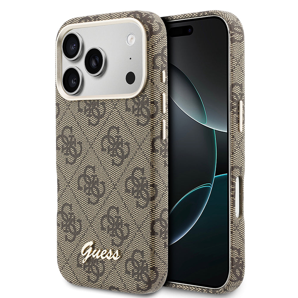 Apple iPhone 17 Pro Kılıf Guess Orjinal Lisanslı M-safe Şarj Özellikli Script Yazı Logolu 4G Desenli Kapak Kahverengi
