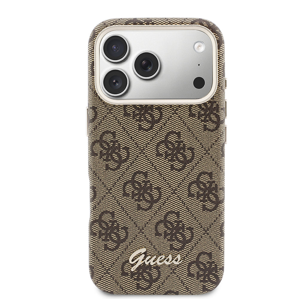 Apple iPhone 17 Pro Kılıf Guess Orjinal Lisanslı M-safe Şarj Özellikli Script Yazı Logolu 4G Desenli Kapak Kahverengi