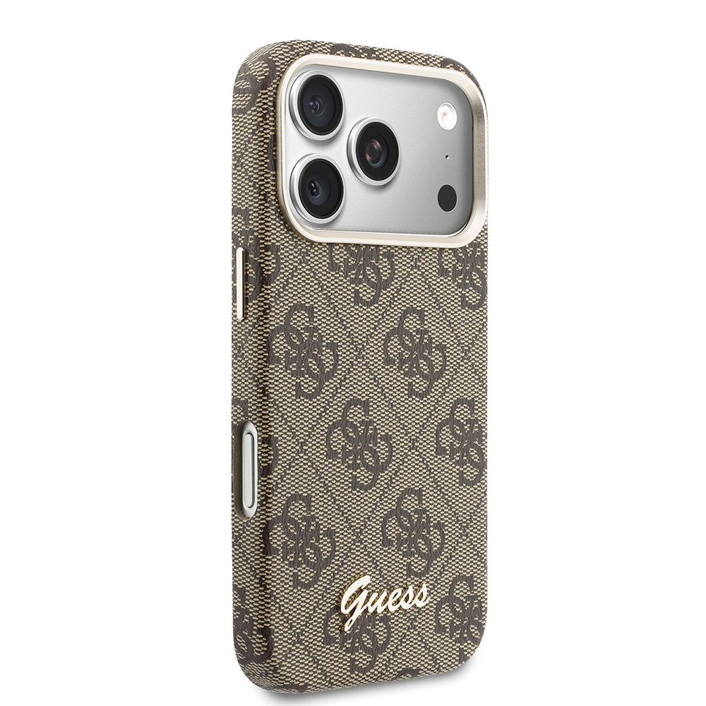 Apple iPhone 17 Pro Kılıf Guess Orjinal Lisanslı M-safe Şarj Özellikli Script Yazı Logolu 4G Desenli Kapak Kahverengi