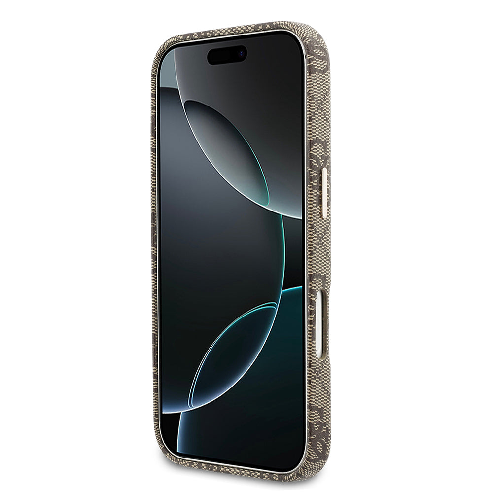 Apple iPhone 17 Pro Kılıf Guess Orjinal Lisanslı M-safe Şarj Özellikli Script Yazı Logolu 4G Desenli Kapak Kahverengi
