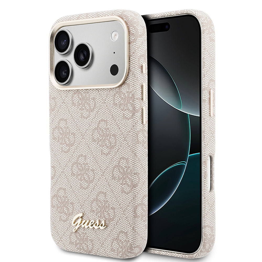 Apple iPhone 17 Pro Kılıf Guess Orjinal Lisanslı M-safe Şarj Özellikli Script Yazı Logolu 4G Desenli Kapak Pembe