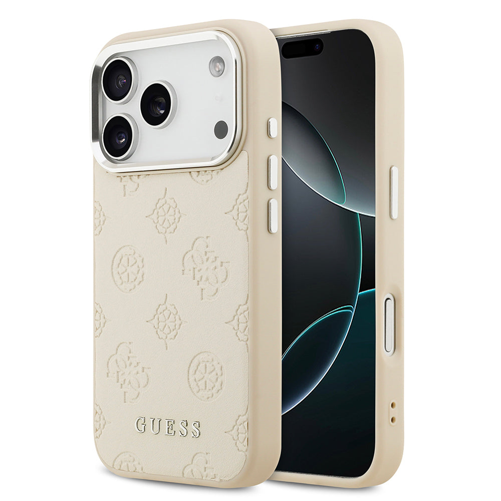Apple iPhone 17 Pro Kılıf Guess Orjinal Lisanslı M-safe Şarj Özellikli Sıcak Baskılı Klasik Yazı Logolu PU Deri Peony Kapak Bej