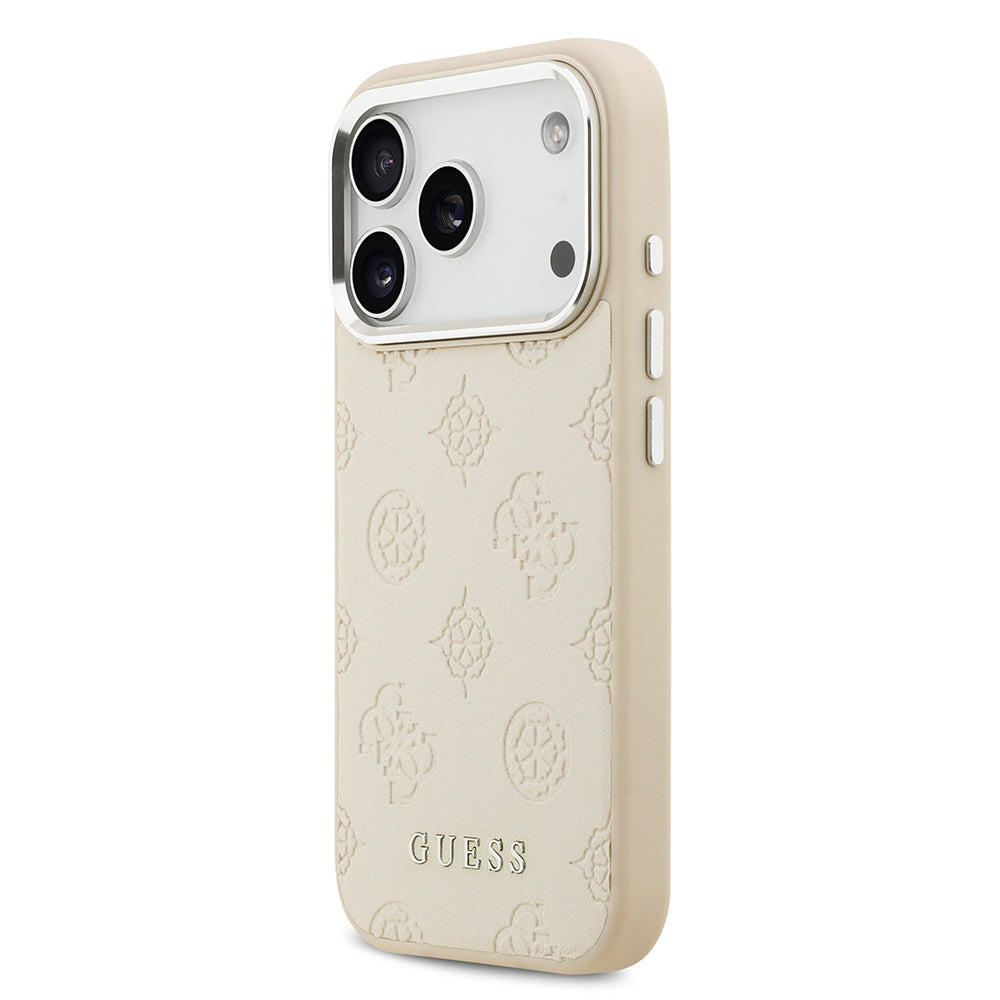 Apple iPhone 17 Pro Kılıf Guess Orjinal Lisanslı M-safe Şarj Özellikli Sıcak Baskılı Klasik Yazı Logolu PU Deri Peony Kapak Bej