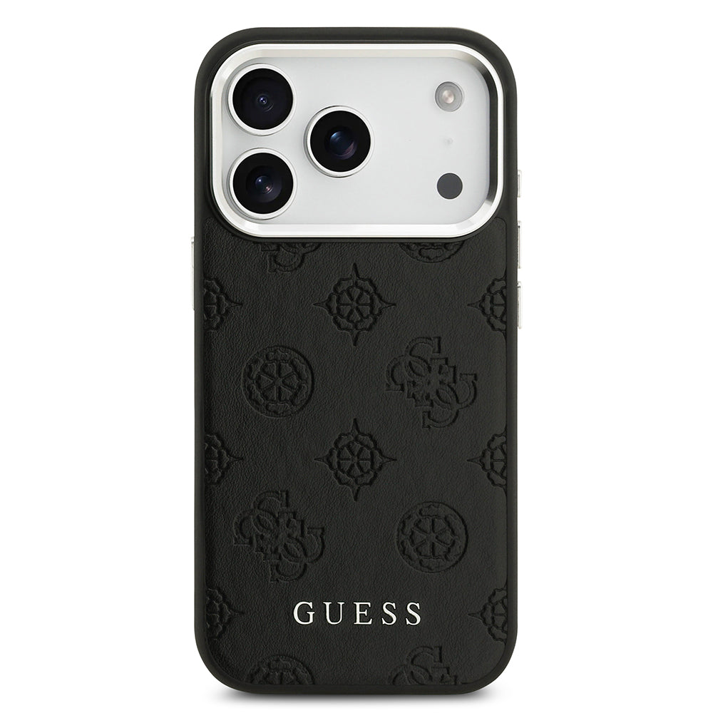 Apple iPhone 17 Pro Kılıf Guess Orjinal Lisanslı M-safe Şarj Özellikli Sıcak Baskılı Klasik Yazı Logolu PU Deri Peony Kapak Siyah