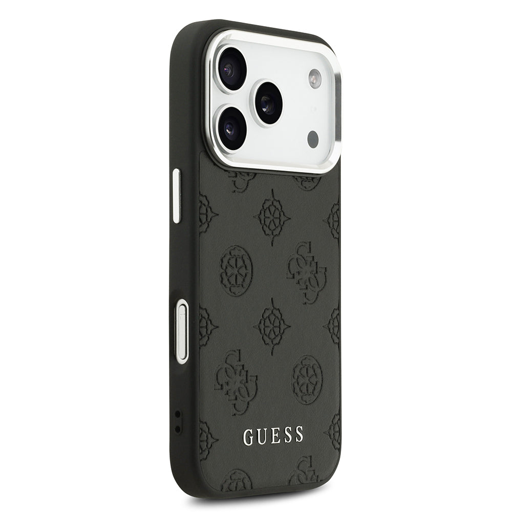 Apple iPhone 17 Pro Kılıf Guess Orjinal Lisanslı M-safe Şarj Özellikli Sıcak Baskılı Klasik Yazı Logolu PU Deri Peony Kapak Siyah