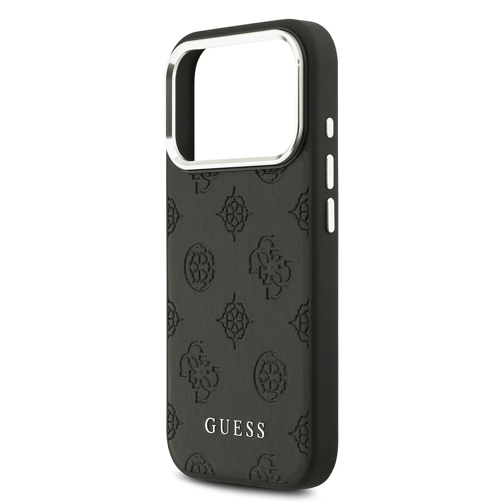 Apple iPhone 17 Pro Kılıf Guess Orjinal Lisanslı M-safe Şarj Özellikli Sıcak Baskılı Klasik Yazı Logolu PU Deri Peony Kapak Siyah