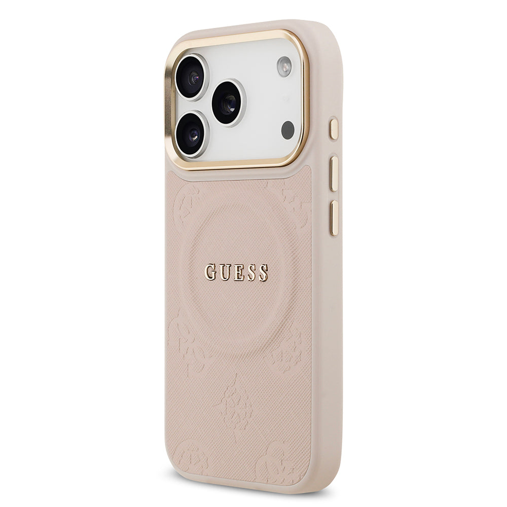 Apple iPhone 17 Pro Kılıf Guess Orjinal Lisanslı M-safe Şarj Özellikli Sıcak Baskılı Yazı Logolu PU Deri Peony Kapak Pembe
