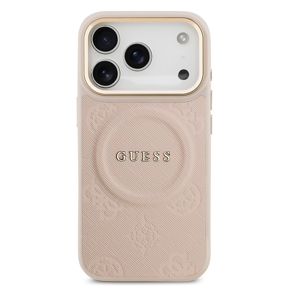 Apple iPhone 17 Pro Kılıf Guess Orjinal Lisanslı M-safe Şarj Özellikli Sıcak Baskılı Yazı Logolu PU Deri Peony Kapak Pembe
