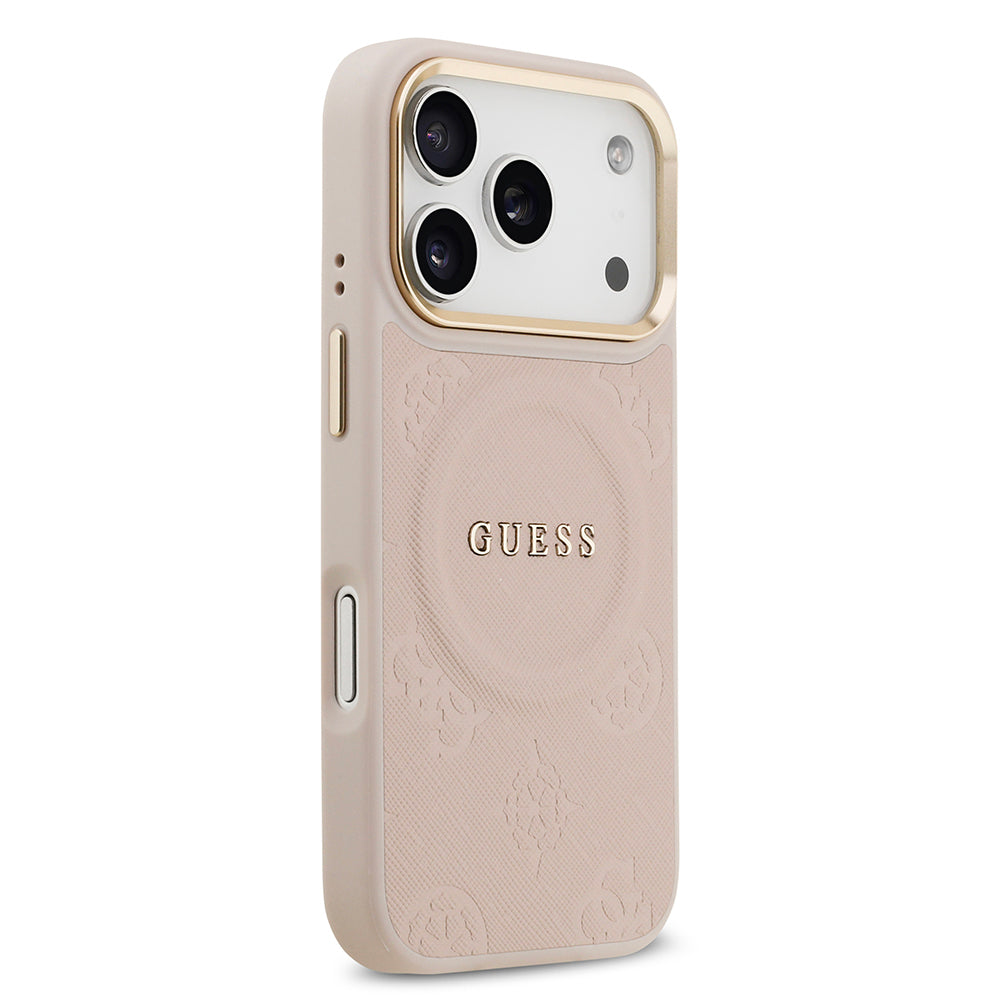 Apple iPhone 17 Pro Kılıf Guess Orjinal Lisanslı M-safe Şarj Özellikli Sıcak Baskılı Yazı Logolu PU Deri Peony Kapak Pembe
