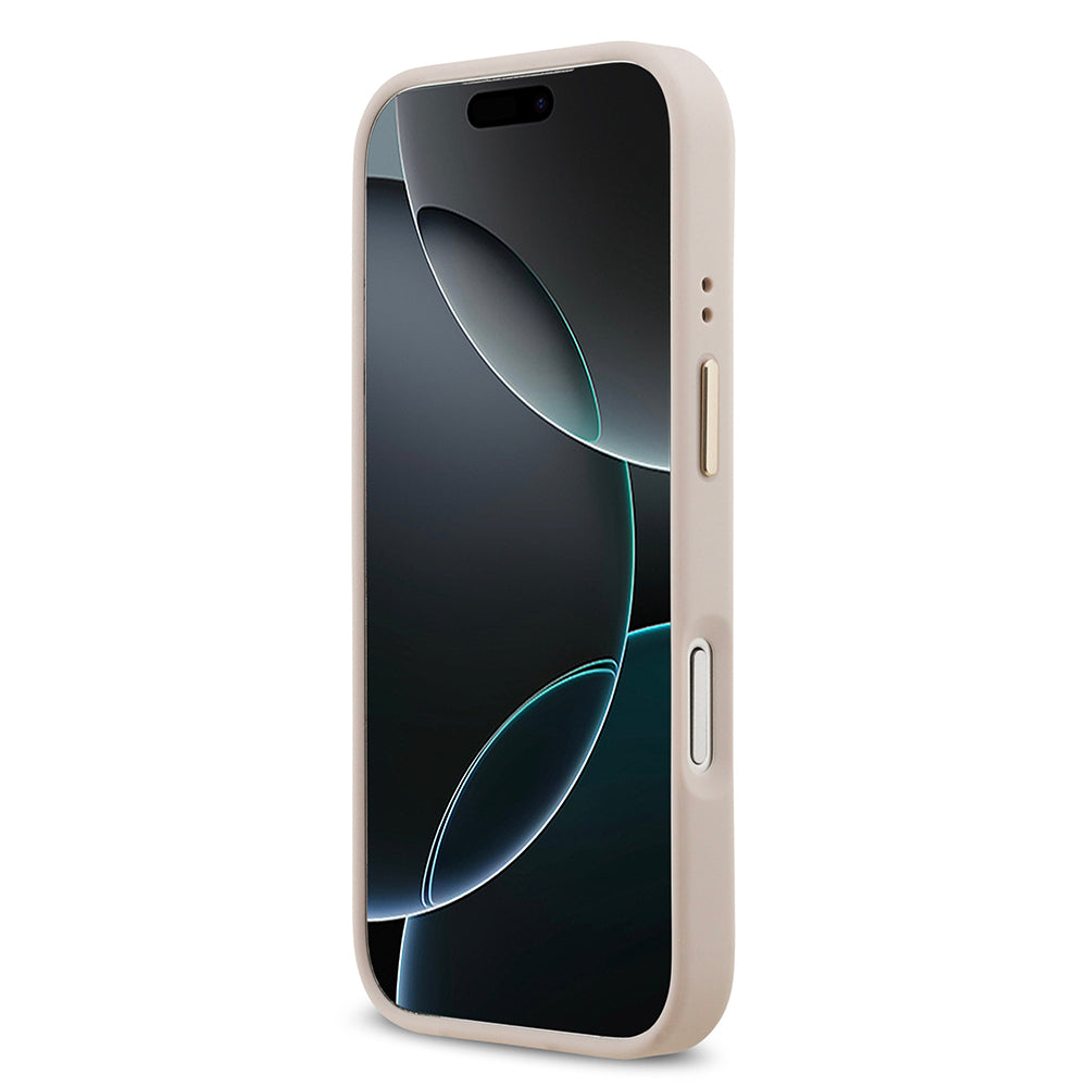 Apple iPhone 17 Pro Kılıf Guess Orjinal Lisanslı M-safe Şarj Özellikli Sıcak Baskılı Yazı Logolu PU Deri Peony Kapak Pembe