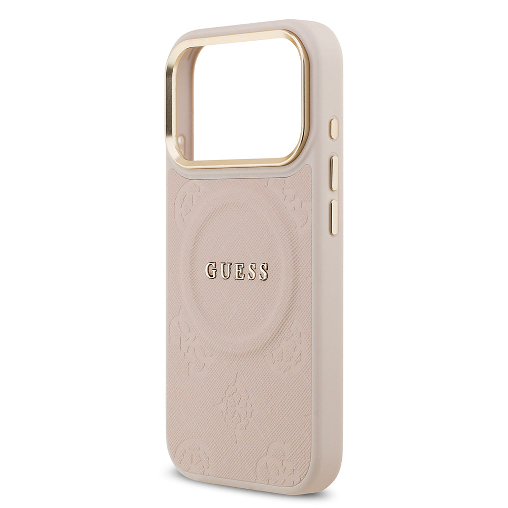Apple iPhone 17 Pro Kılıf Guess Orjinal Lisanslı M-safe Şarj Özellikli Sıcak Baskılı Yazı Logolu PU Deri Peony Kapak Pembe