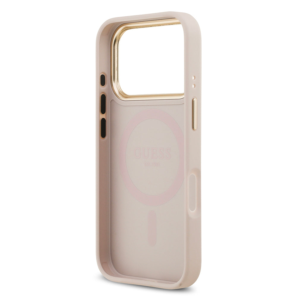 Apple iPhone 17 Pro Kılıf Guess Orjinal Lisanslı M-safe Şarj Özellikli Sıcak Baskılı Yazı Logolu PU Deri Peony Kapak Pembe